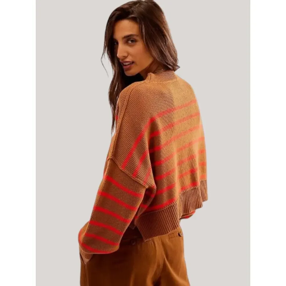 Free People Easy Street Stripe Crop Pullover Sweater Brown Orange Medium